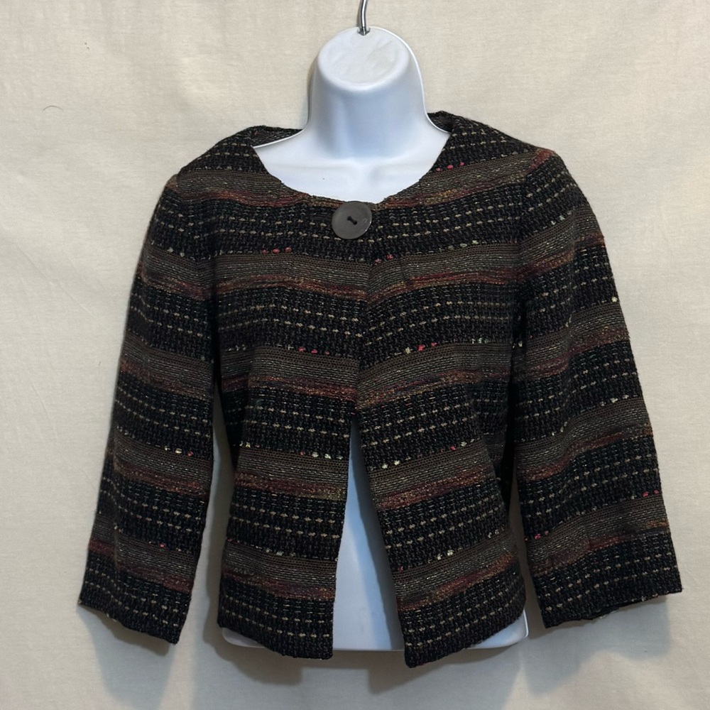 B-285‎ H&M Brown & Cream Woven Wool Blend Lined 1/2 Sleeve Suit Jacket Size 6